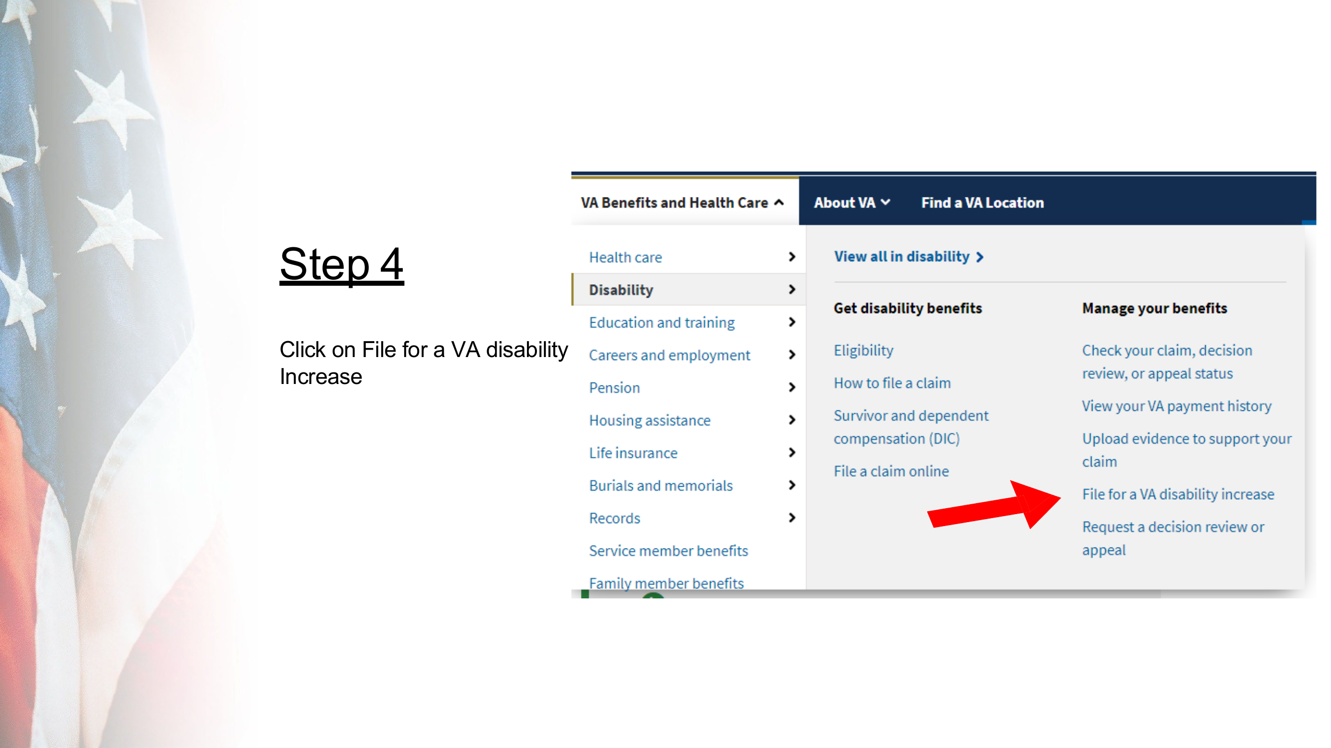 Step 4: Click ‘File for a VA Disability Increase’